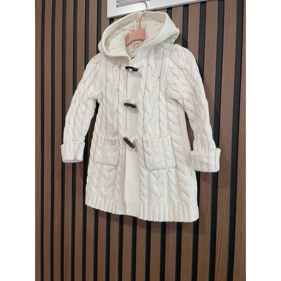 Hoodie Sweater Ecru Fisherman Cable Knit Toggle Hood Cardigan Cotton 18-24 Month - Picture 2 of 8